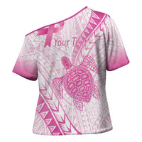 Breast Cancer Awareness Personalised Cross Shoulder Shirt Pink Ribbon Turtle Polynesian Pattern White