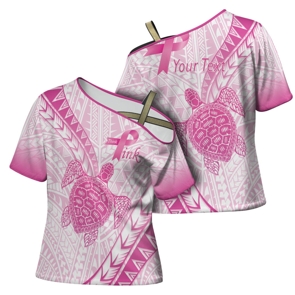 Breast Cancer Awareness Personalised Cross Shoulder Shirt Pink Ribbon Turtle Polynesian Pattern White