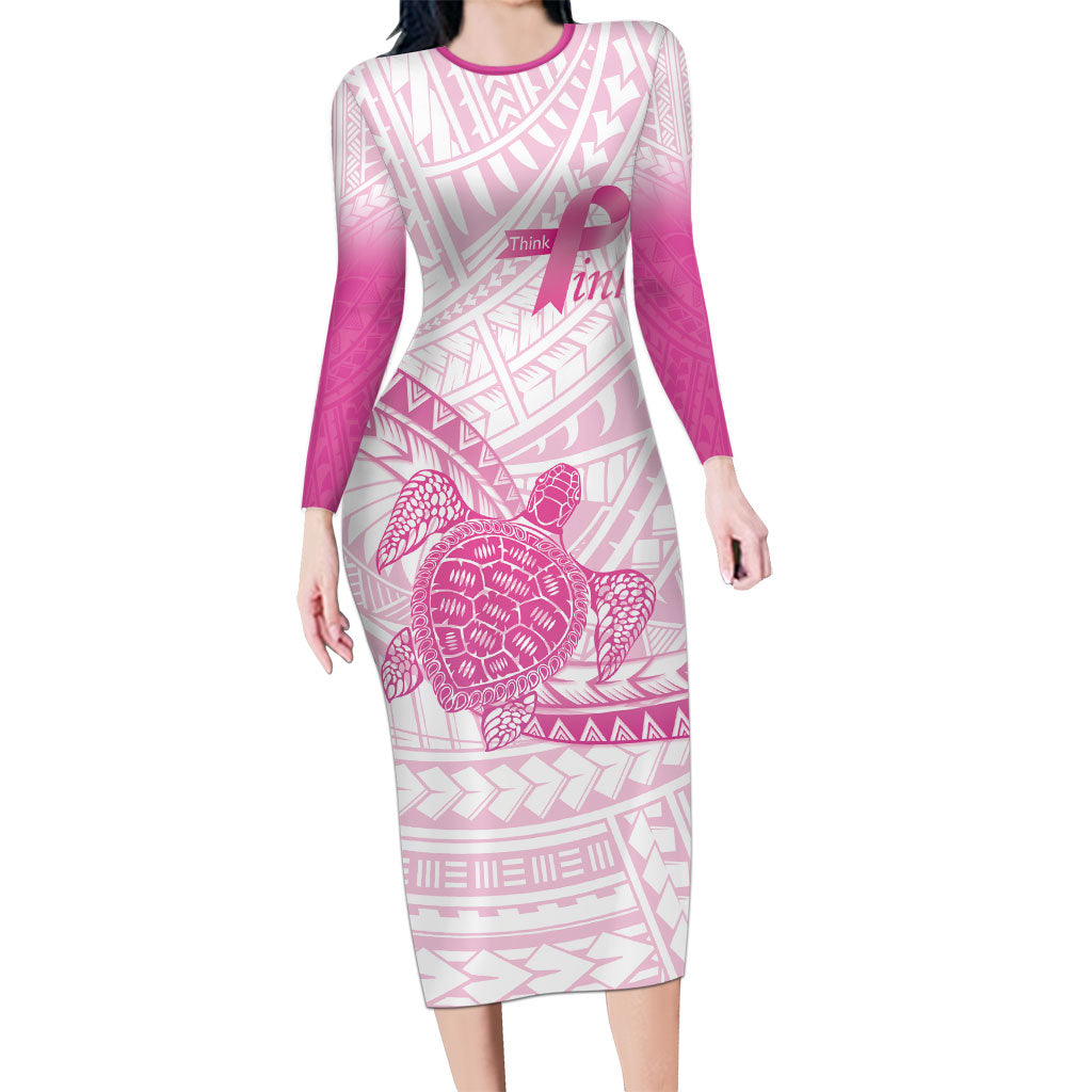 Breast Cancer Awareness Personalised Family Matching Long Sleeve Bodycon Dress and Hawaiian Shirt Pink Ribbon Turtle Polynesian Pattern White LT22 Mom's Dress Pink - Polynesian Pride