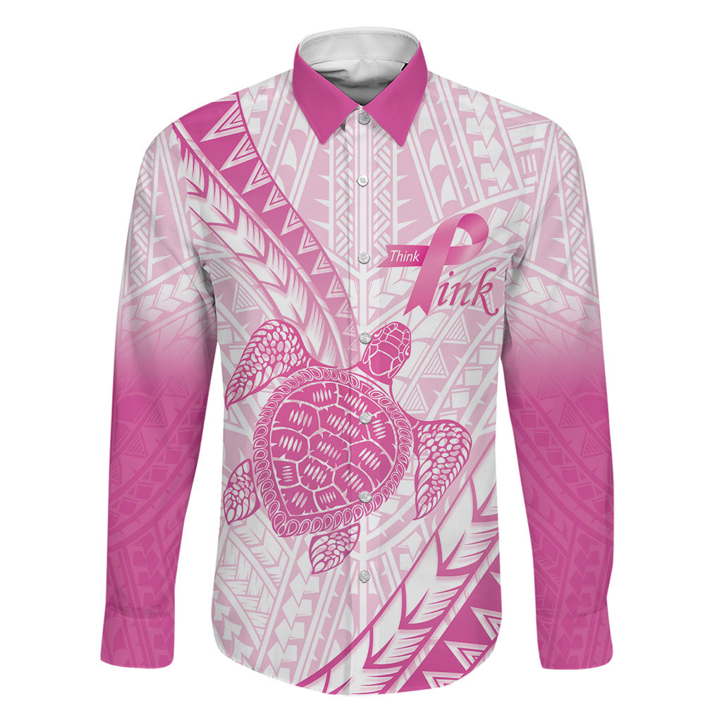 Breast Cancer Awareness Personalised Family Matching Mermaid Dress and Hawaiian Shirt Pink Ribbon Turtle Polynesian Pattern White LT22 Dad's Shirt - Long Sleeve Pink - Polynesian Pride
