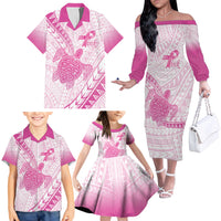 Breast Cancer Awareness Personalised Family Matching Off The Shoulder Long Sleeve Dress and Hawaiian Shirt Pink Ribbon Turtle Polynesian Pattern White LT22 - Polynesian Pride