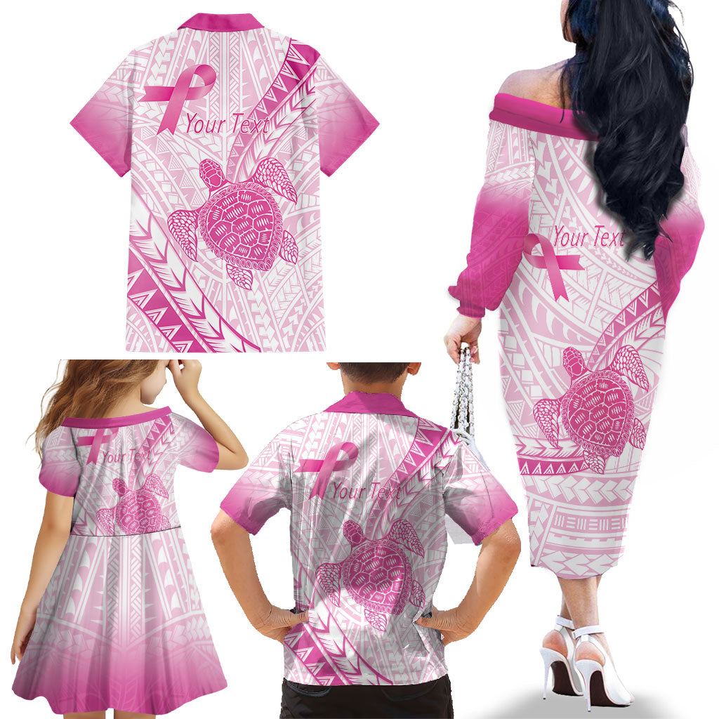 Breast Cancer Awareness Personalised Family Matching Off The Shoulder Long Sleeve Dress and Hawaiian Shirt Pink Ribbon Turtle Polynesian Pattern White LT22 - Polynesian Pride