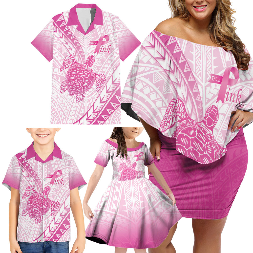 Breast Cancer Awareness Personalised Family Matching Off Shoulder Short Dress and Hawaiian Shirt Pink Ribbon Turtle Polynesian Pattern White LT22 - Polynesian Pride