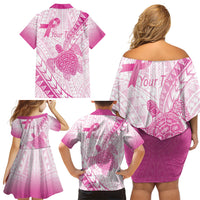 Breast Cancer Awareness Personalised Family Matching Off Shoulder Short Dress and Hawaiian Shirt Pink Ribbon Turtle Polynesian Pattern White LT22 - Polynesian Pride