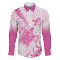 Breast Cancer Awareness Personalised Family Matching Off Shoulder Short Dress and Hawaiian Shirt Pink Ribbon Turtle Polynesian Pattern White LT22 Dad's Shirt - Long Sleeve Pink - Polynesian Pride