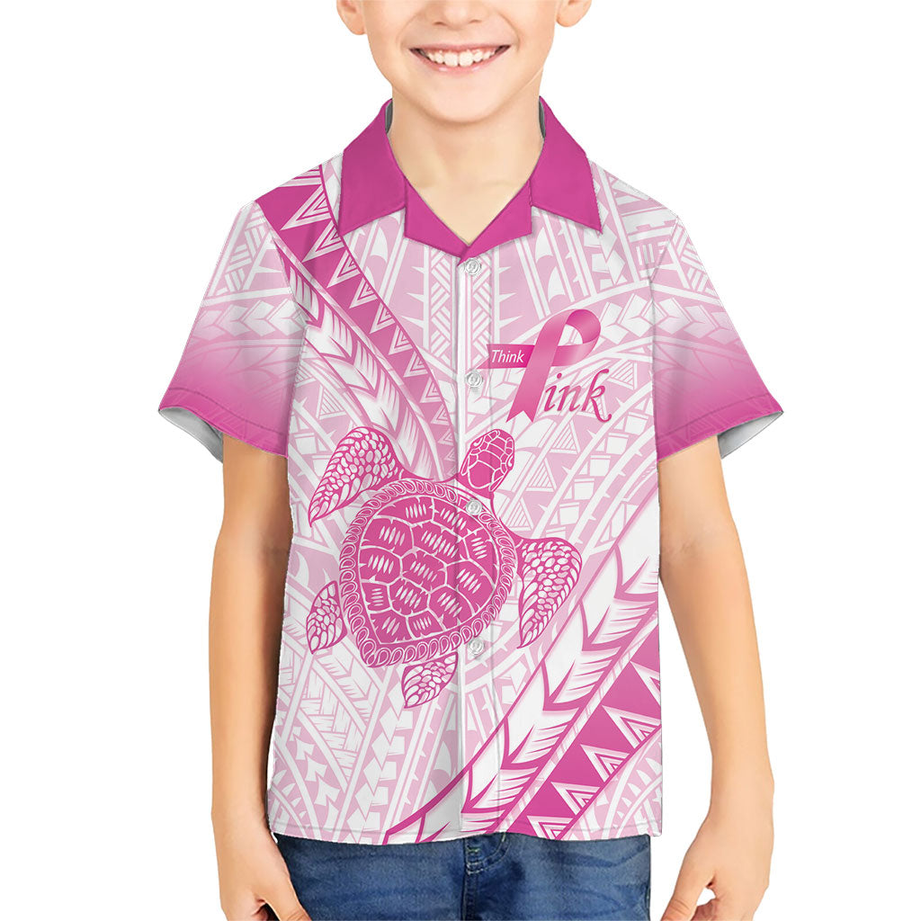 Breast Cancer Awareness Personalised Family Matching Off Shoulder Short Dress and Hawaiian Shirt Pink Ribbon Turtle Polynesian Pattern White LT22 Son's Shirt Pink - Polynesian Pride