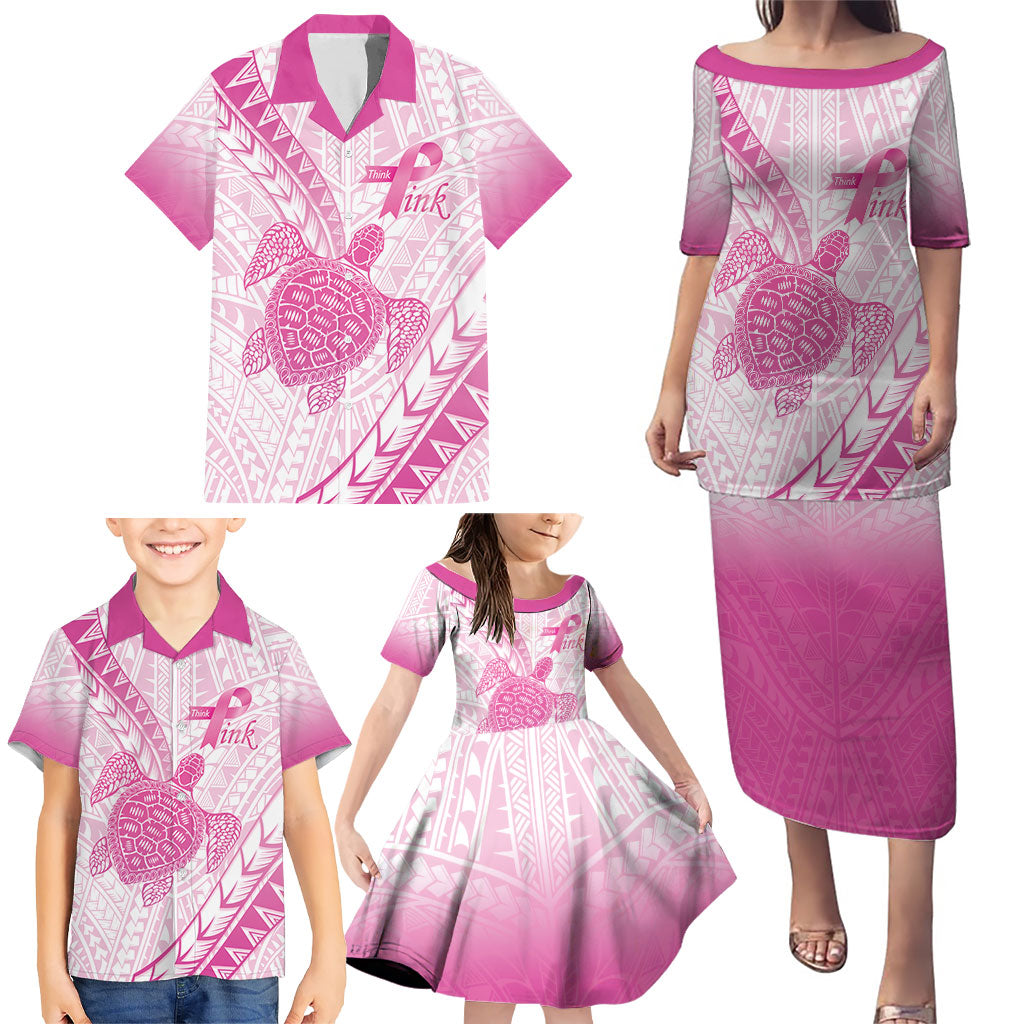 Breast Cancer Awareness Personalised Family Matching Puletasi and Hawaiian Shirt Pink Ribbon Turtle Polynesian Pattern White LT22 - Polynesian Pride