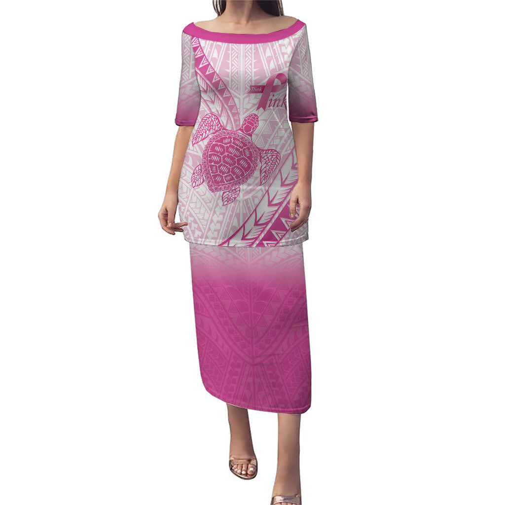 Breast Cancer Awareness Personalised Family Matching Puletasi and Hawaiian Shirt Pink Ribbon Turtle Polynesian Pattern White LT22 Mom's Dress Pink - Polynesian Pride