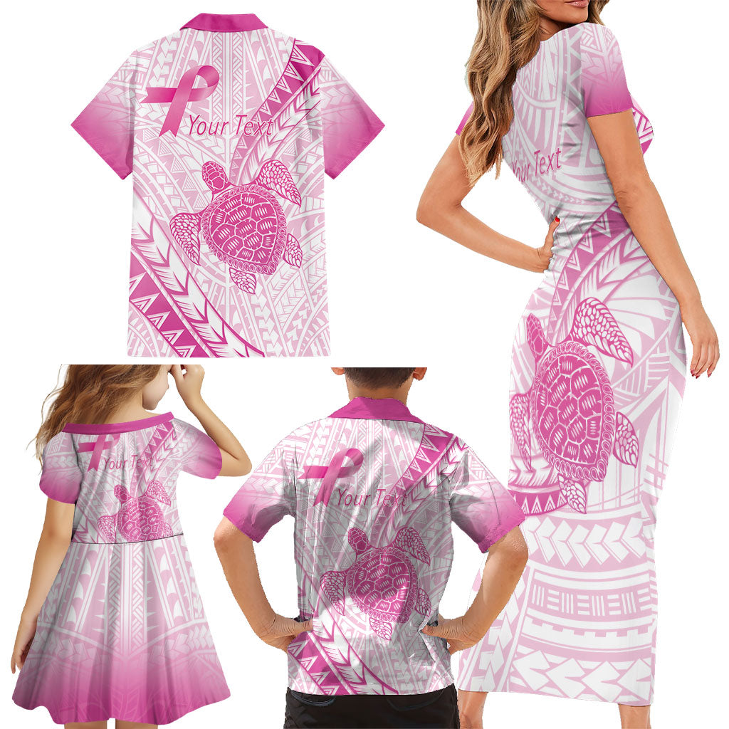 Breast Cancer Awareness Personalised Family Matching Short Sleeve Bodycon Dress and Hawaiian Shirt Pink Ribbon Turtle Polynesian Pattern White LT22 - Polynesian Pride