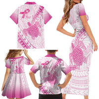 Breast Cancer Awareness Personalised Family Matching Short Sleeve Bodycon Dress and Hawaiian Shirt Pink Ribbon Turtle Polynesian Pattern White LT22 - Polynesian Pride