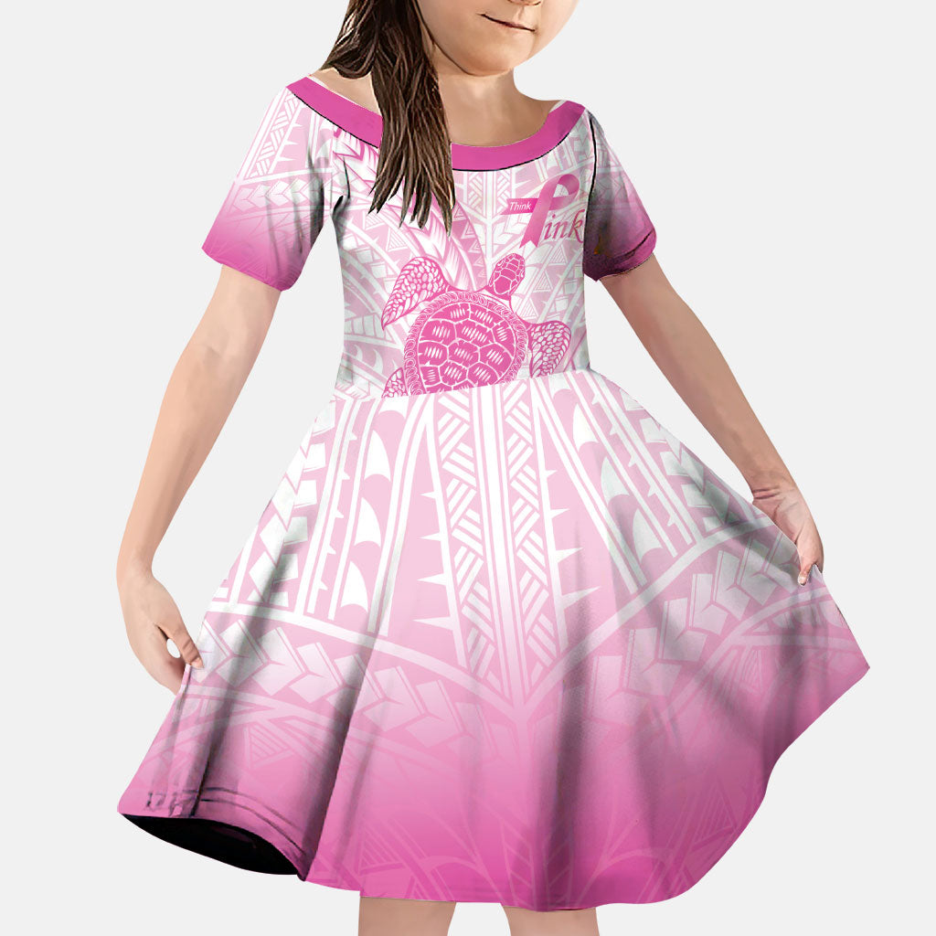 Breast Cancer Awareness Personalised Family Matching Tank Maxi Dress and Hawaiian Shirt Pink Ribbon Turtle Polynesian Pattern White LT22 Daughter's Dress Pink - Polynesian Pride