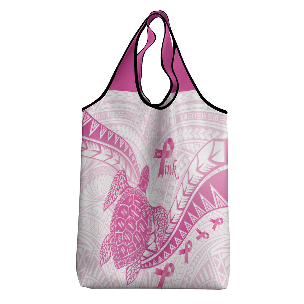 Breast Cancer Awareness Grocery Bag Pink Ribbon Turtle Polynesian Pattern White