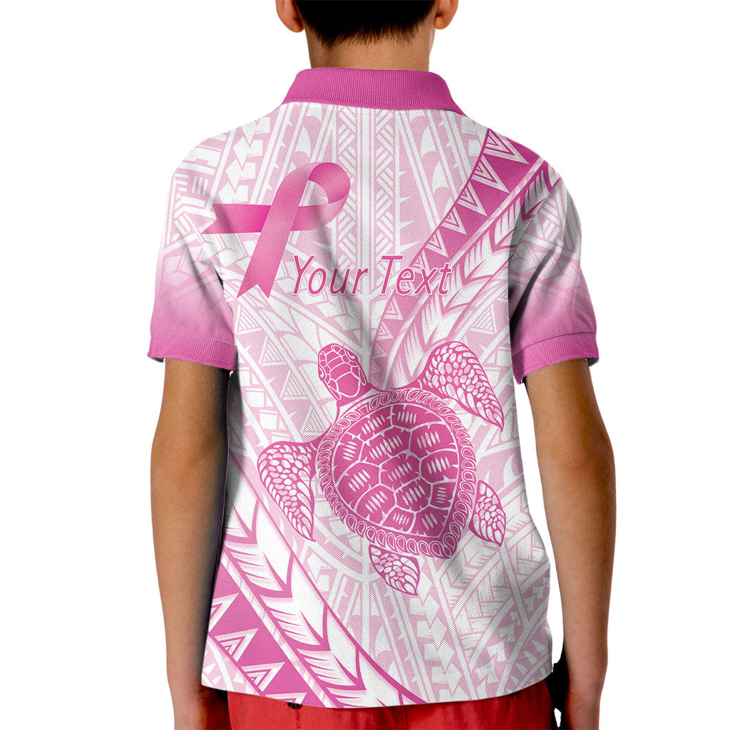 Breast Cancer Awareness Personalised Kid Polo Shirt Pink Ribbon Turtle Polynesian Pattern White