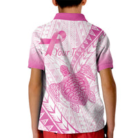Breast Cancer Awareness Personalised Kid Polo Shirt Pink Ribbon Turtle Polynesian Pattern White