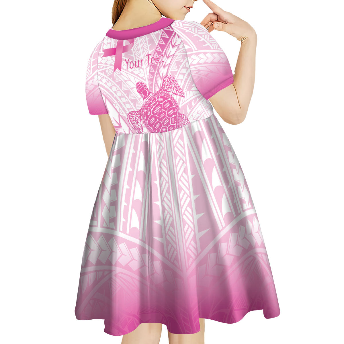 Breast Cancer Awareness Personalised Kid Short Sleeve Dress Pink Ribbon Turtle Polynesian Pattern White