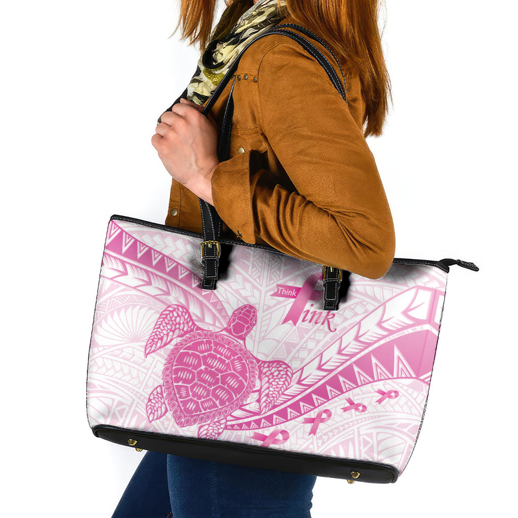 Breast Cancer Awareness Leather Tote Bag Pink Ribbon Turtle Polynesian Pattern White