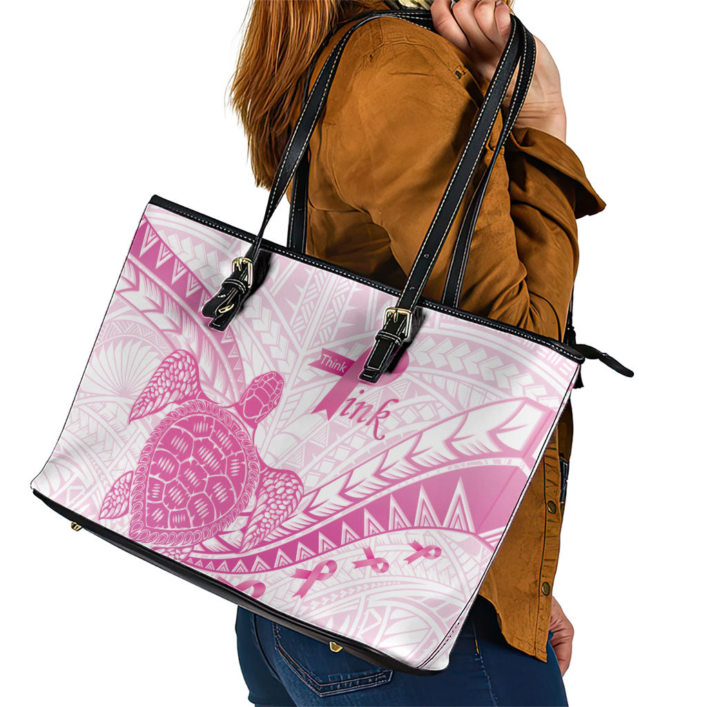 Breast Cancer Awareness Leather Tote Bag Pink Ribbon Turtle Polynesian Pattern White