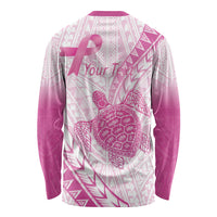 Breast Cancer Awareness Personalised Long Sleeve Shirt Pink Ribbon Turtle Polynesian Pattern White