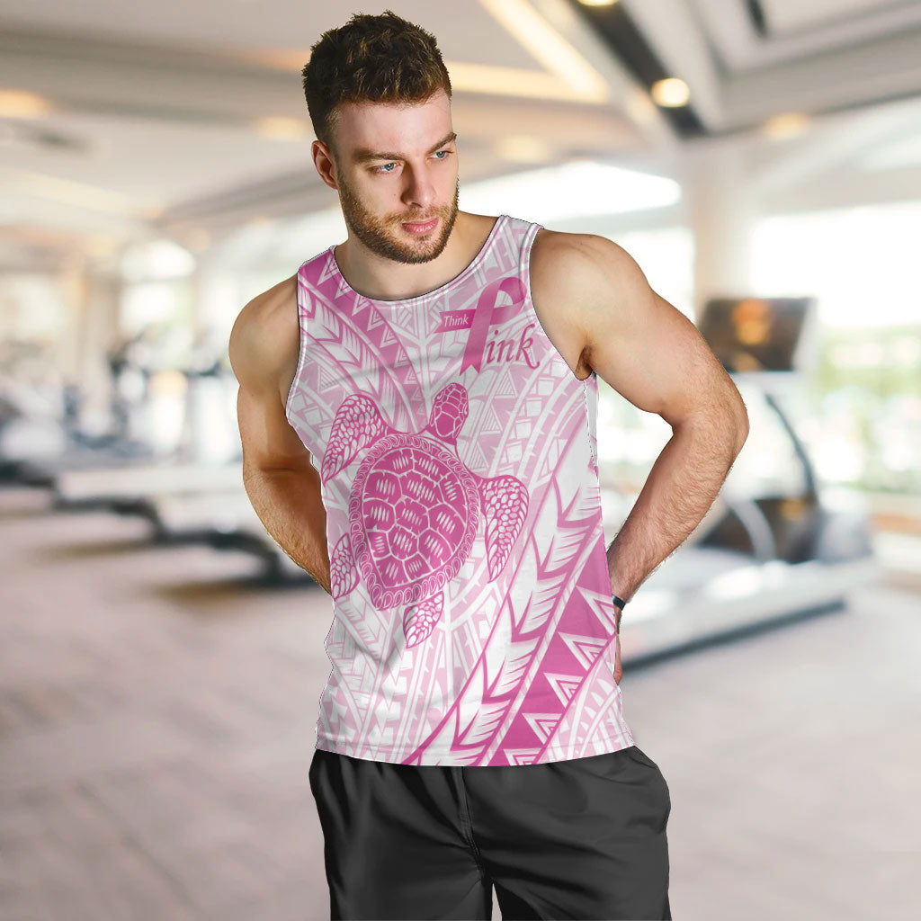 Breast Cancer Awareness Personalised Men Tank Top Pink Ribbon Turtle Polynesian Pattern White