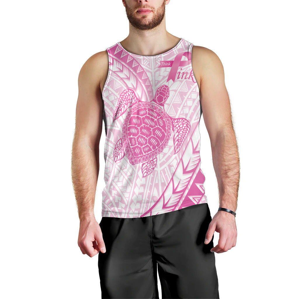 Breast Cancer Awareness Personalised Men Tank Top Pink Ribbon Turtle Polynesian Pattern White