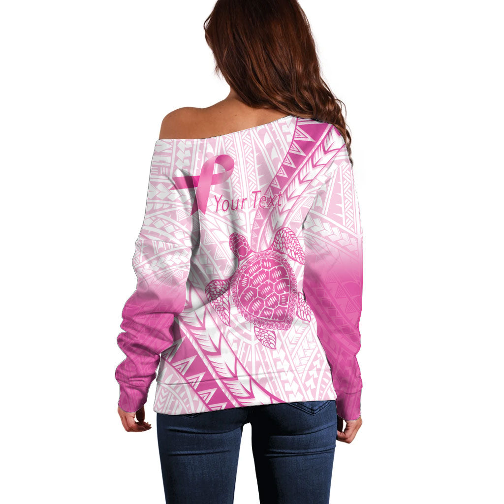 Breast Cancer Awareness Personalised Off Shoulder Sweater Pink Ribbon Turtle Polynesian Pattern White