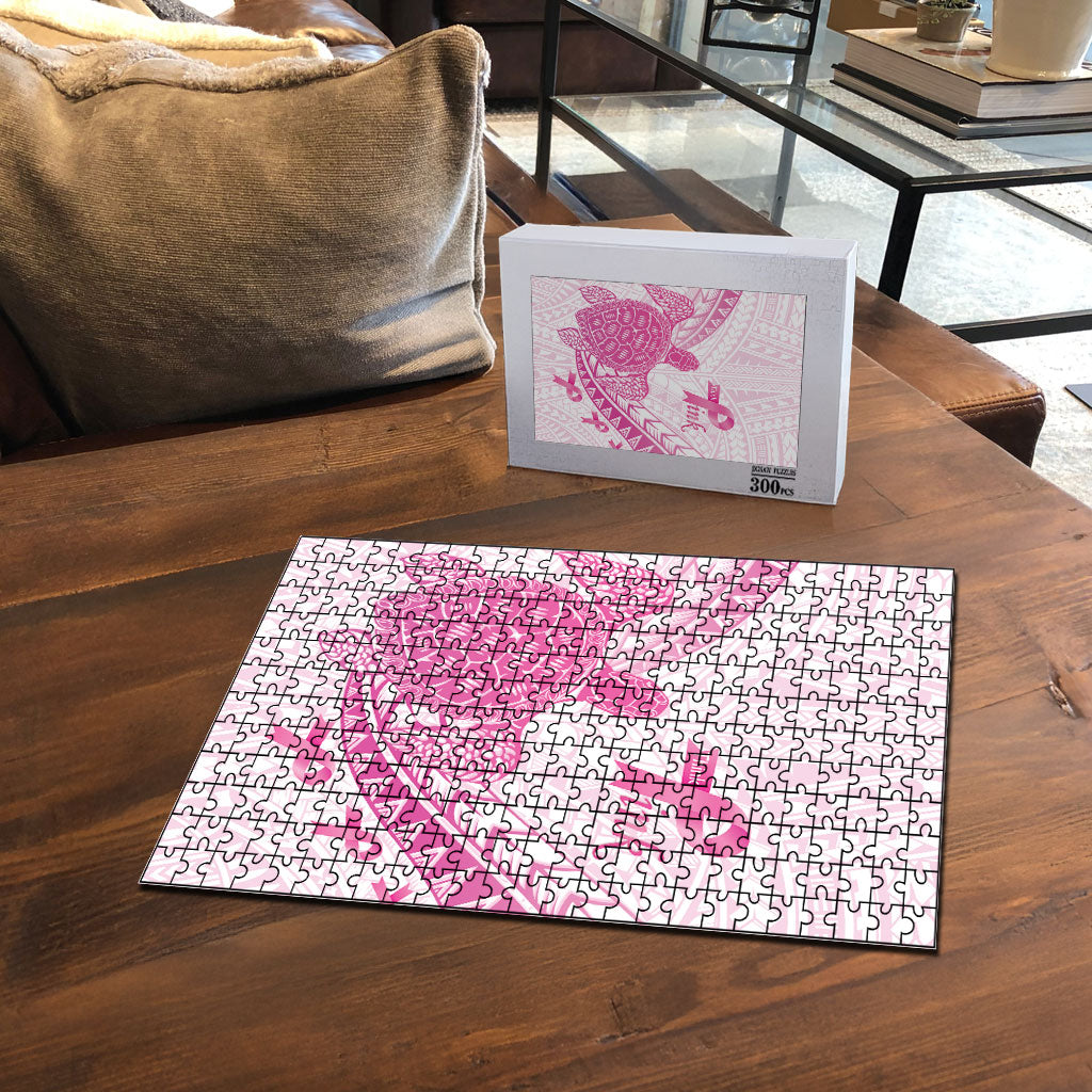 Breast Cancer Awareness Puzzle Pink Ribbon Turtle Polynesian Pattern White