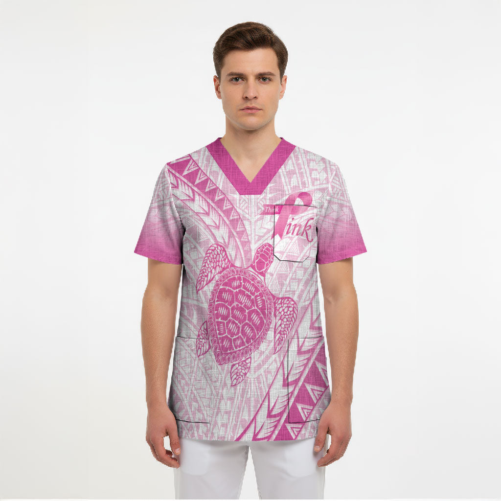 Breast Cancer Awareness Personalised Scrub Top Pink Ribbon Turtle Polynesian Pattern White