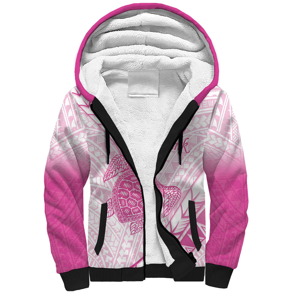 Breast Cancer Awareness Personalised Sherpa Hoodie Pink Ribbon Turtle Polynesian Pattern White