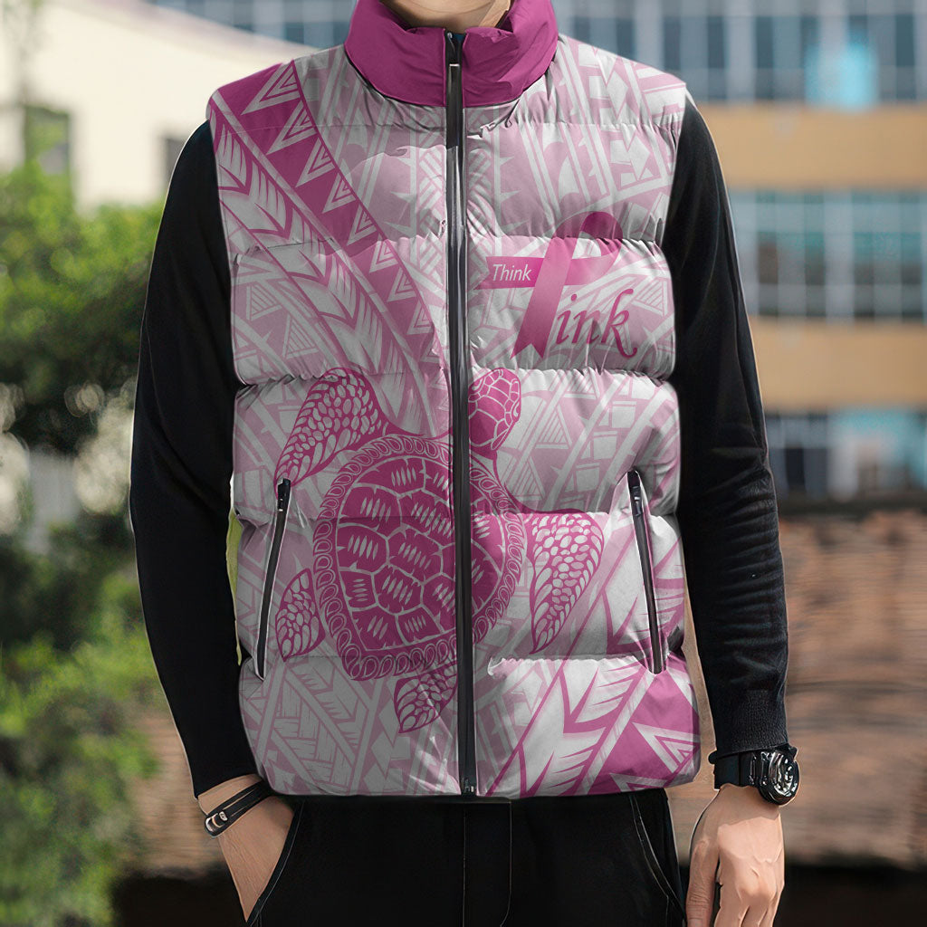 Breast Cancer Awareness Personalised Sleeveless Puffer Jacket Pink Ribbon Turtle Polynesian Pattern White