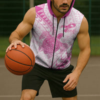 Breast Cancer Awareness Personalised Sleeveless Zip Hoodie Pink Ribbon Turtle Polynesian Pattern White