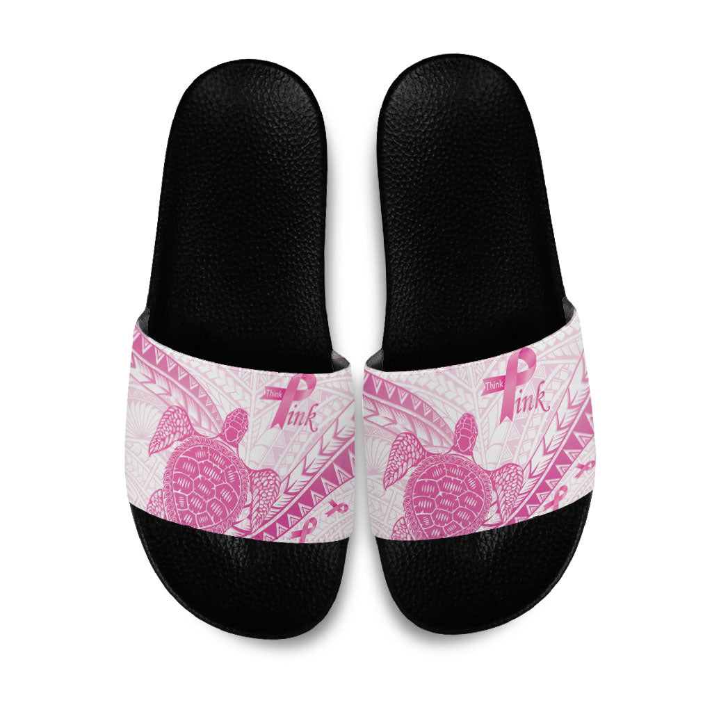 Breast Cancer Awareness Slide Sandals Pink Ribbon Turtle Polynesian Pattern White