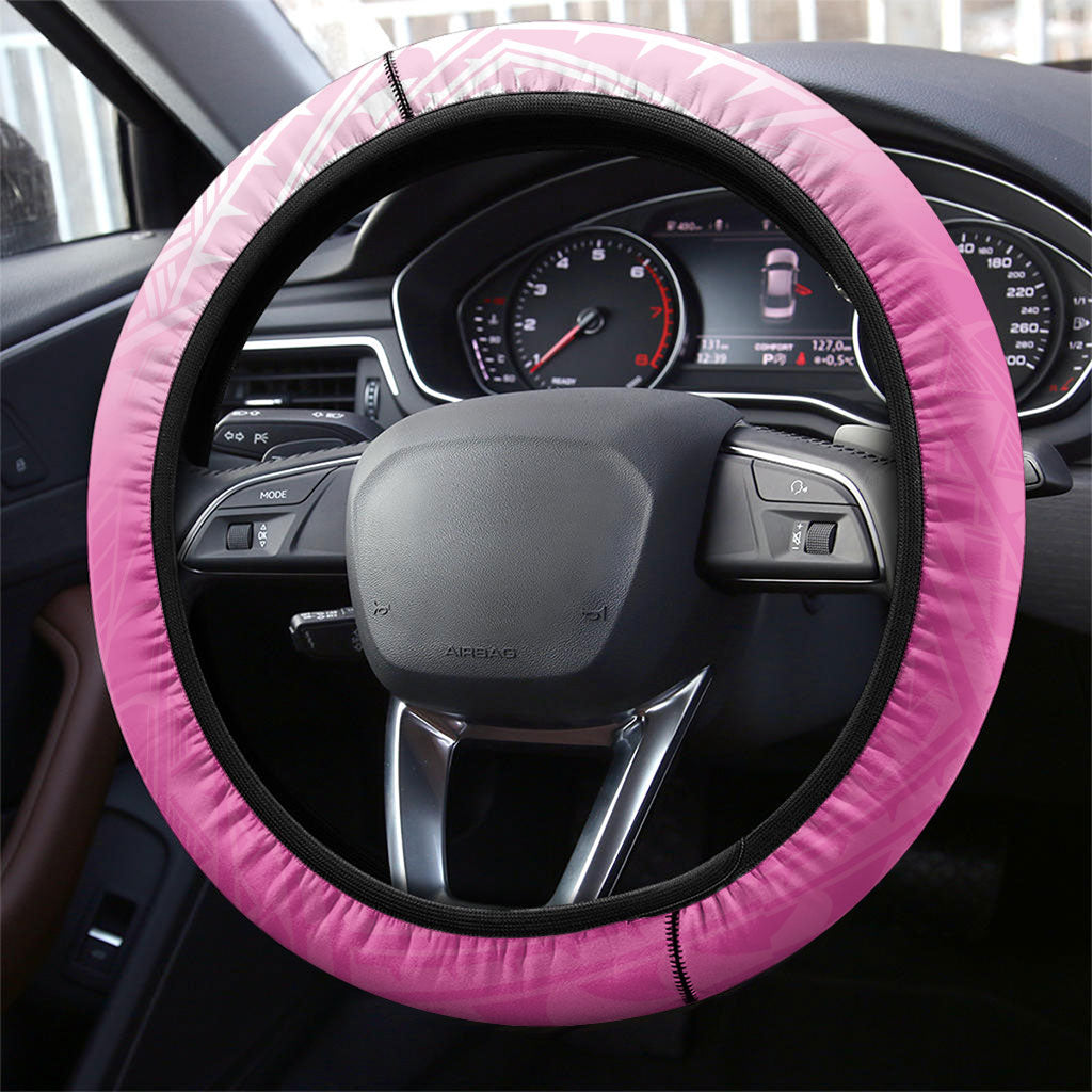 Breast Cancer Awareness Steering Wheel Cover Pink Ribbon Turtle Polynesian Pattern White