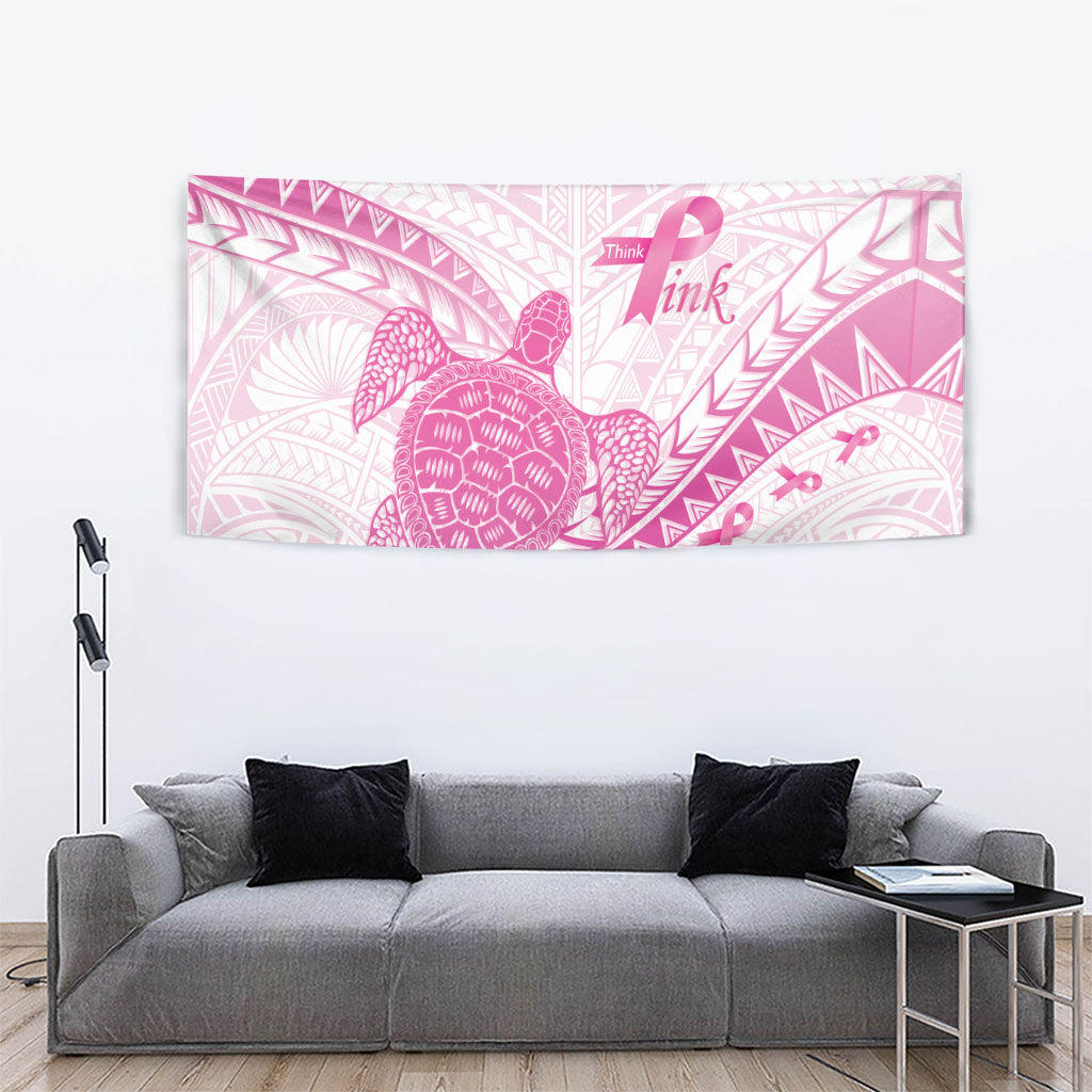 Breast Cancer Awareness Tapestry Pink Ribbon Turtle Polynesian Pattern White