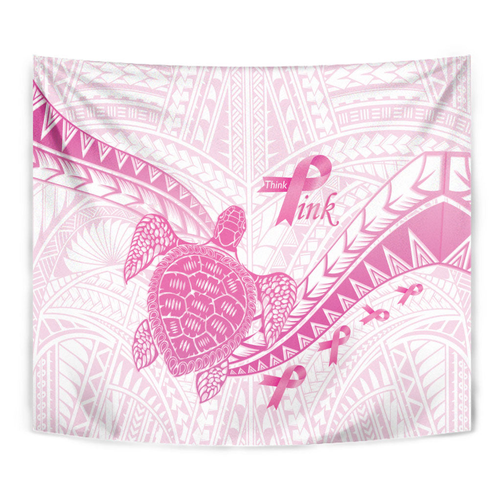 Breast Cancer Awareness Tapestry Pink Ribbon Turtle Polynesian Pattern White