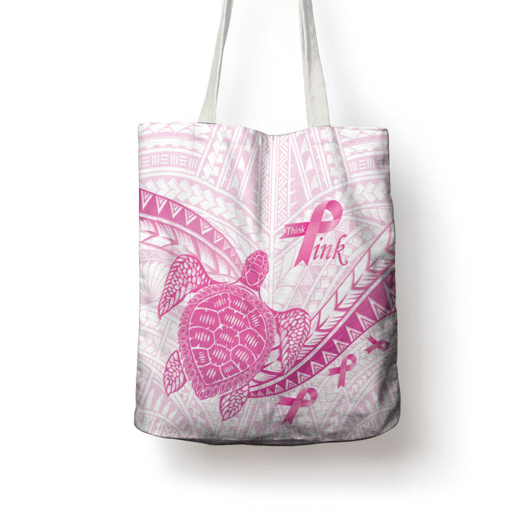 Breast Cancer Awareness Tote Bag Pink Ribbon Turtle Polynesian Pattern White