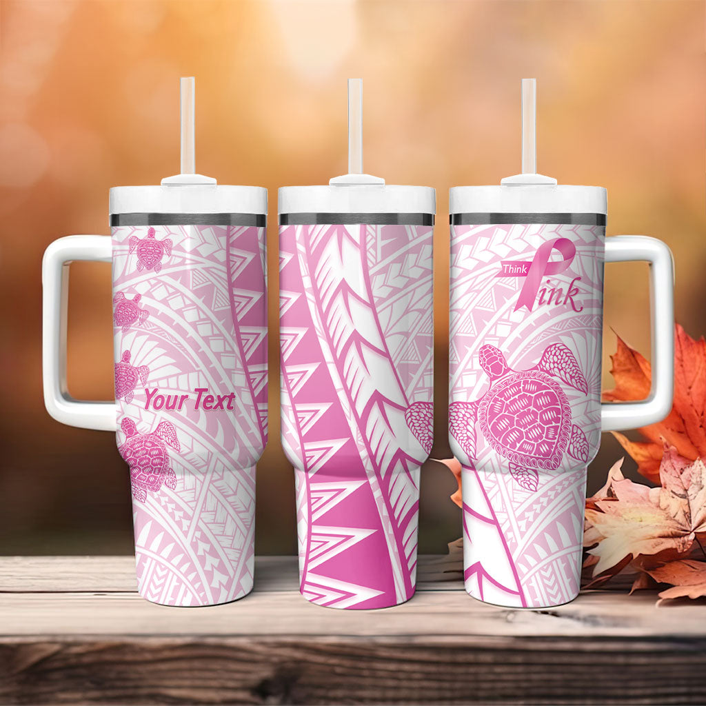 Breast Cancer Awareness Personalised Tumbler With Handle Pink Ribbon Turtle Polynesian Pattern White