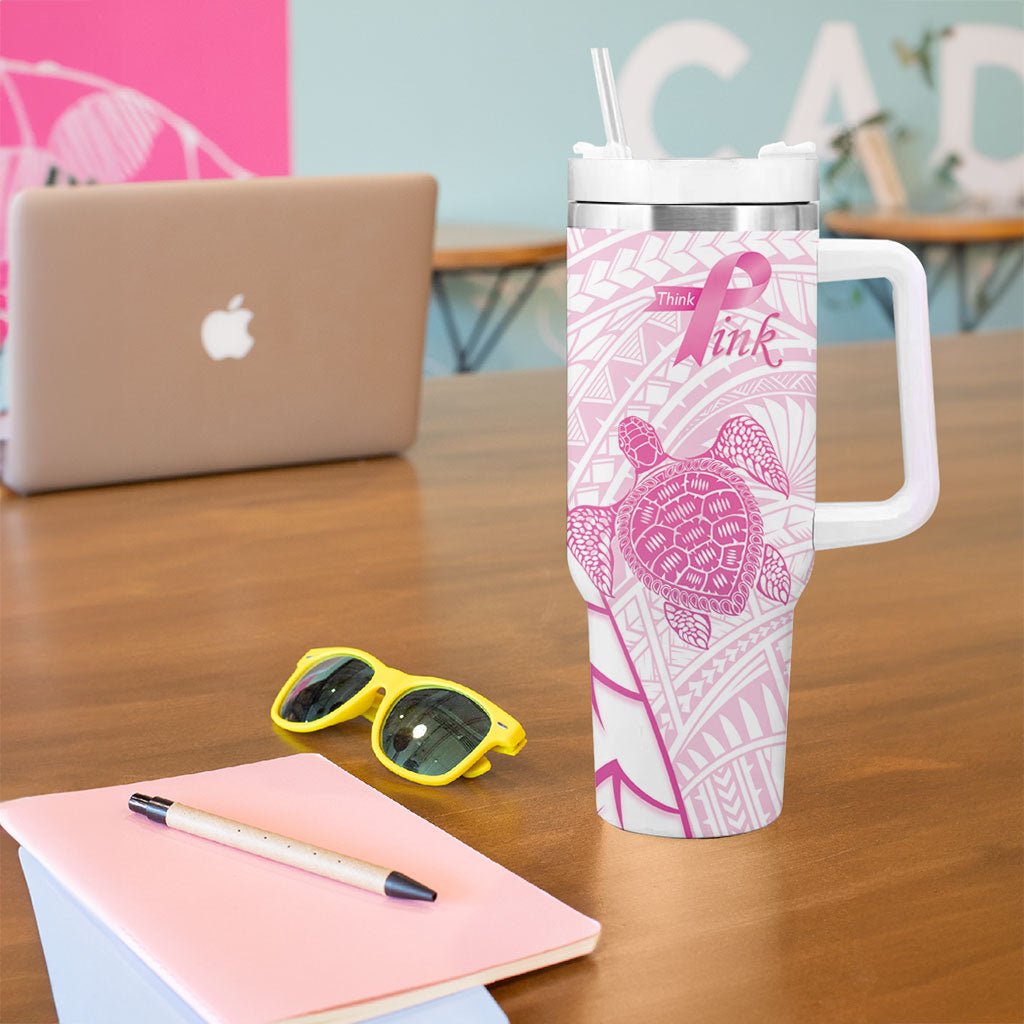 Breast Cancer Awareness Personalised Tumbler With Handle Pink Ribbon Turtle Polynesian Pattern White