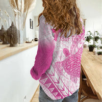Breast Cancer Awareness Personalised Women Casual Shirt Pink Ribbon Turtle Polynesian Pattern White