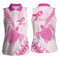 Breast Cancer Awareness Personalised Women Sleeveless Polo Shirt Pink Ribbon Turtle Polynesian Pattern White