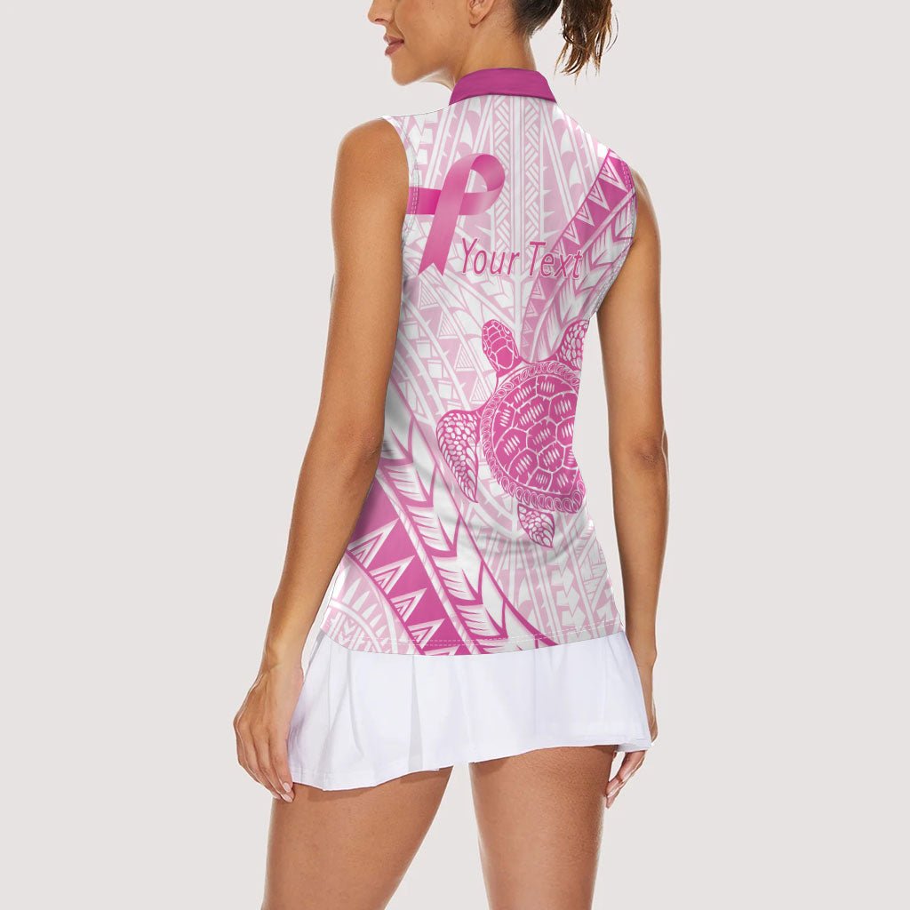 Breast Cancer Awareness Personalised Women Sleeveless Polo Shirt Pink Ribbon Turtle Polynesian Pattern White