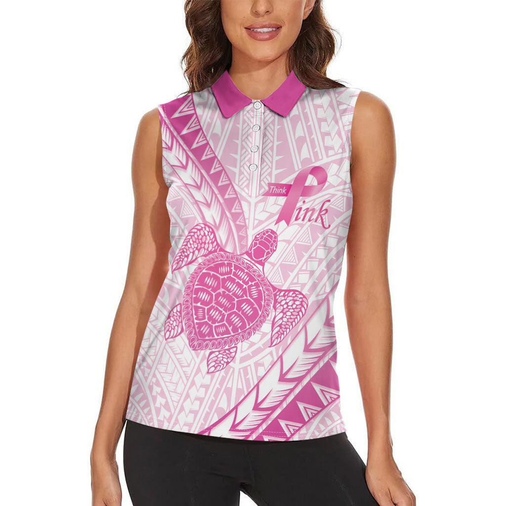 Breast Cancer Awareness Personalised Women Sleeveless Polo Shirt Pink Ribbon Turtle Polynesian Pattern White