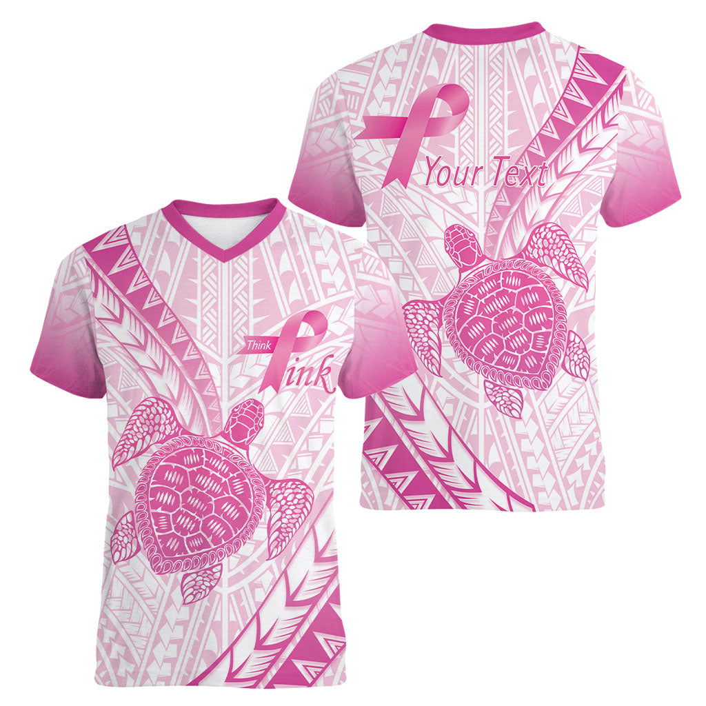 Breast Cancer Awareness Personalised Women V-Neck T-Shirt Pink Ribbon Turtle Polynesian Pattern White