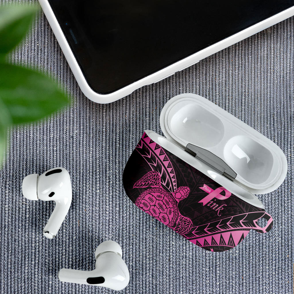 Breast Cancer Awareness AirPods Case Pink Ribbon Turtle Polynesian Pattern Black