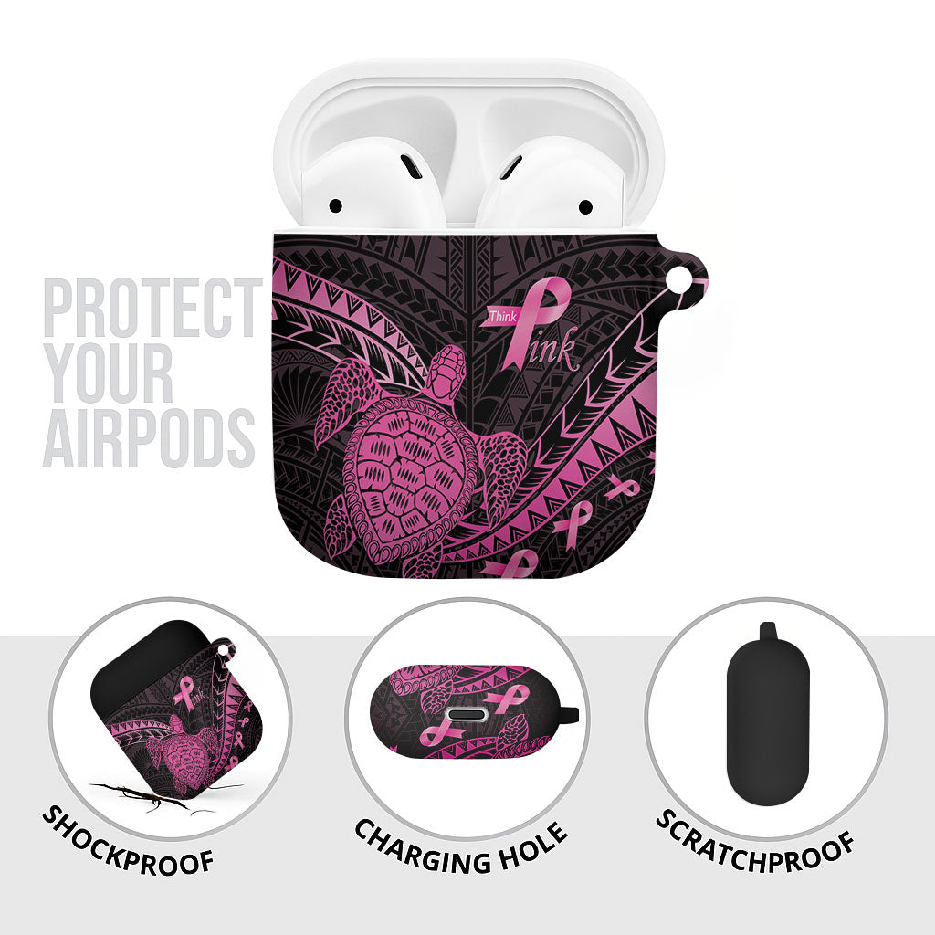 Breast Cancer Awareness AirPods Case Pink Ribbon Turtle Polynesian Pattern Black