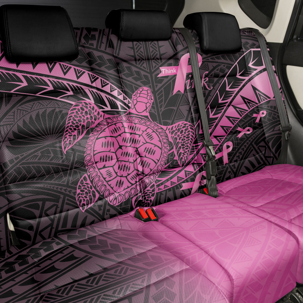 Breast Cancer Awareness Back Car Seat Cover Pink Ribbon Turtle Polynesian Pattern Black