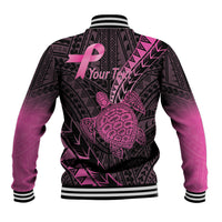 Breast Cancer Awareness Personalised Baseball Jacket Pink Ribbon Turtle Polynesian Pattern Black