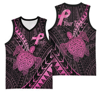 Breast Cancer Awareness Personalised Basketball Jersey Pink Ribbon Turtle Polynesian Pattern Black
