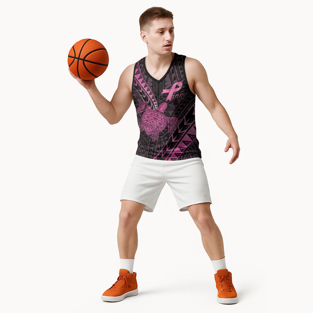 Breast Cancer Awareness Personalised Basketball Jersey Pink Ribbon Turtle Polynesian Pattern Black