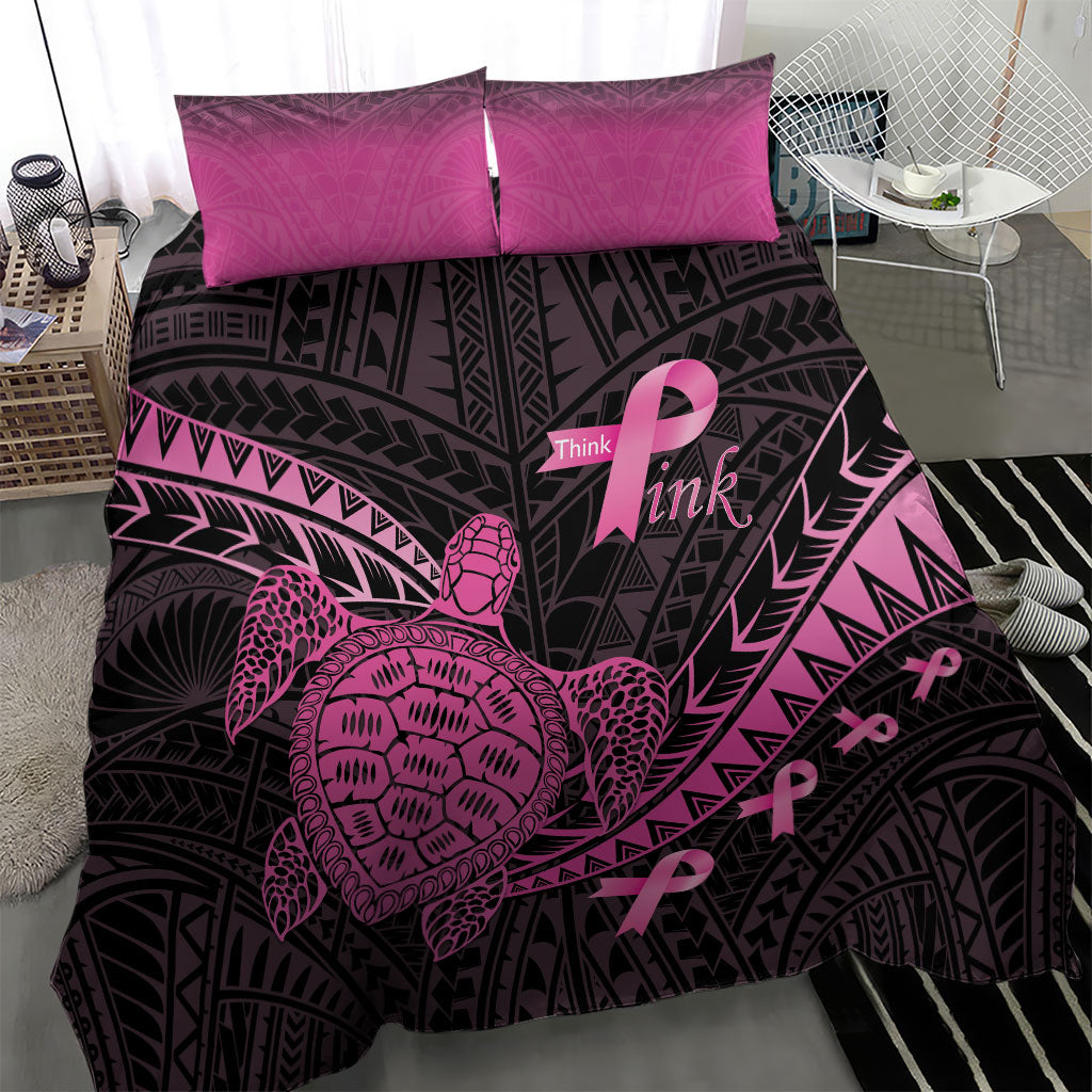 Breast Cancer Awareness Bedding Set Pink Ribbon Turtle Polynesian Pattern Black