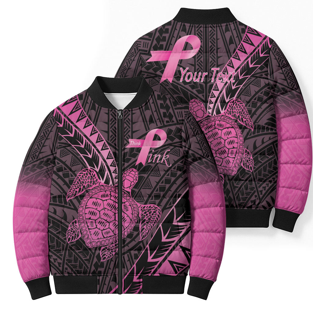 Breast Cancer Awareness Personalised Bomber Puffer Jacket Pink Ribbon Turtle Polynesian Pattern Black
